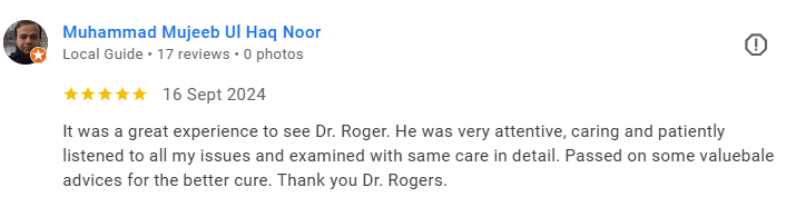 Screenshot of a positive review for Dr. Roger from Muhammad Mujeeb Ul Haq Noor, posted on September 16, 2024. Médecin généraliste Français à Dubaï / GP / French GP / French Doctor / French family medicine