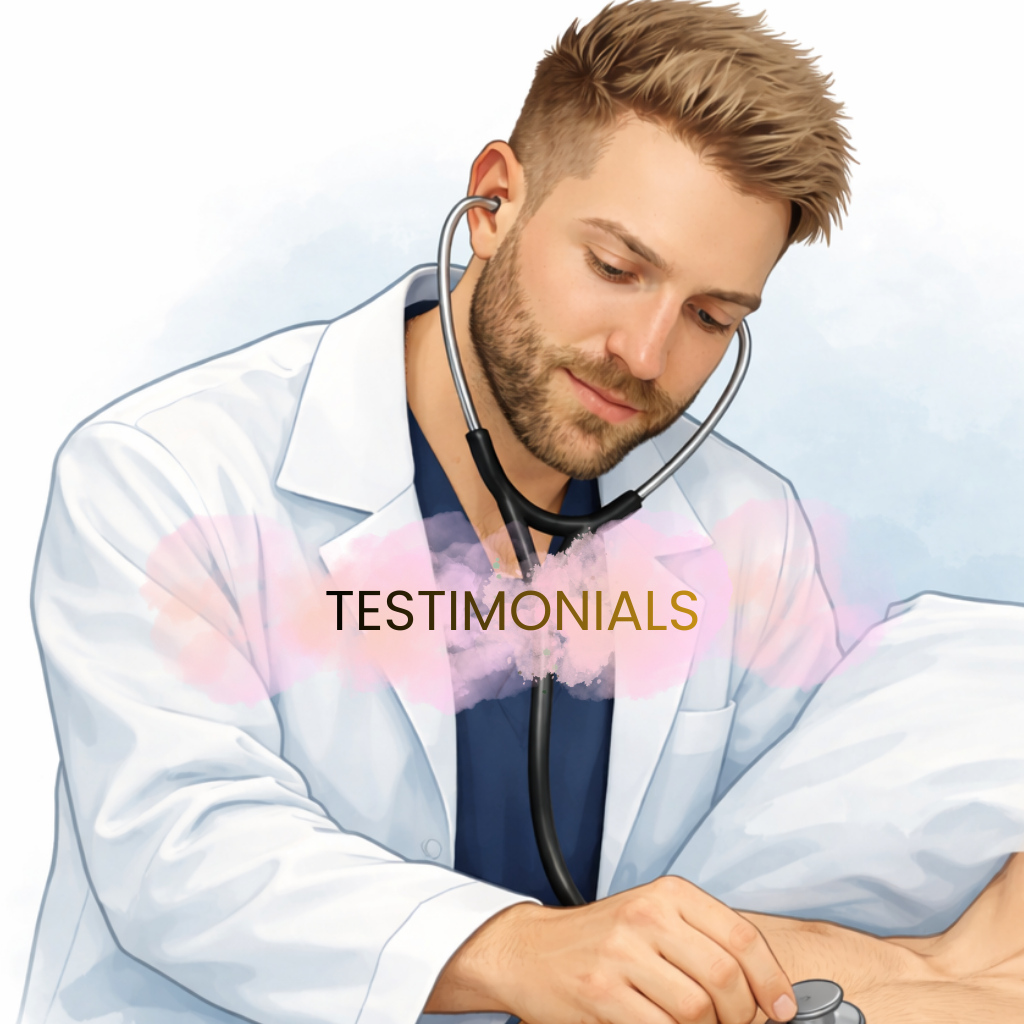 Young male doctor with a stethoscope, white coat, and blue shirt, looking down thoughtfully with the word 'TESTIMONIALS' overlaid in the center. Médecin généraliste Français à Dubaï / GP / French GP / French Doctor / French family medicine