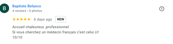 Screenshot of a Google review for Baptiste Belasco, showing a 5-star rating, posted 6 days ago, with French text praising a professional and welcoming French doctor. Médecin généraliste Français à Dubaï / GP / French GP / French Doctor / French famil