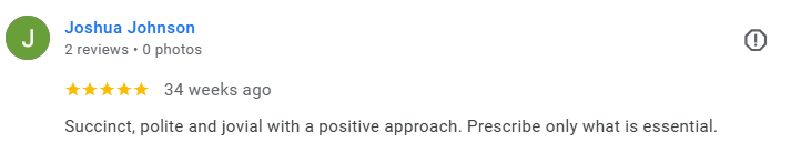 Screenshot of a Google review for Joshua Johnson, 2 reviews, 0 photos, 4-star rating from 34 weeks ago, with the review text: 'Succinct, polite and jovial with a positive approach. Prescribe only what is essential.' Médecin généraliste Français à Dub