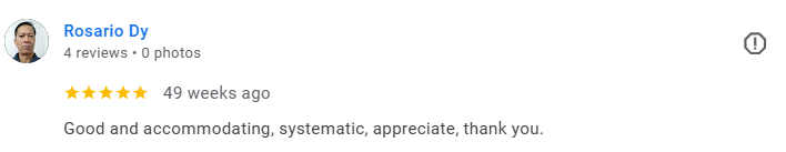 Screenshot of a Google review by Rosario Dy, four reviews, four photos, five-star rating, posted 49 weeks ago, comment saying 'Good and accommodating, systematic, appreciate, thank you.' Médecin généraliste Français à Dubaï / GP / French GP / French 