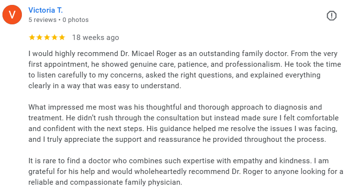 Screenshot of a positive review for Dr. Micael Roger by Victoria T., praising his genuine care, patience, professionalism, thorough approach, and compassionate family medicine. Médecin généraliste Français à Dubaï / GP / French GP / French Doctor / F