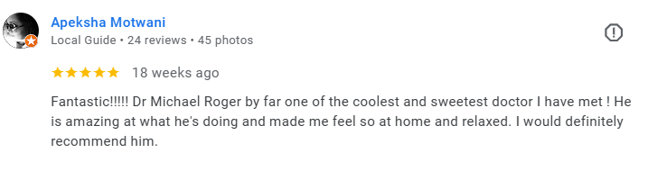 Screenshot of a Google review for Dr. Michael Roger by Apeksha Motwani, praising his skills and bedside manner. Médecin généraliste Français à Dubaï / GP / French GP / French Doctor / French family medicine