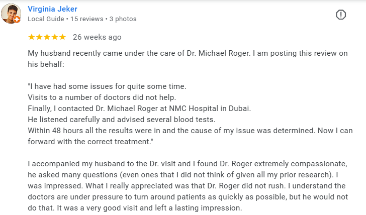 Screenshot of a Google review about Dr. Michael Roger, describing a positive experience with blood tests and compassionate care. Médecin généraliste Français à Dubaï / GP / French GP / French Doctor / French family medicine