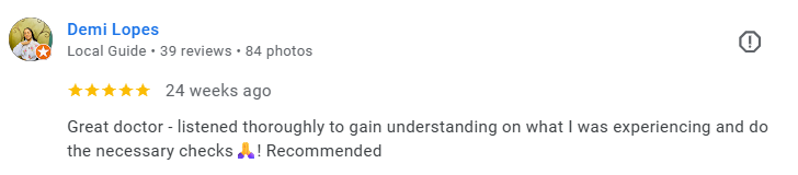 Screenshot of a Google review by Demi Lopes about a doctor, praising thorough listening and recommending the doctor. Médecin généraliste Français à Dubaï / GP / French GP / French Doctor / French family medicine