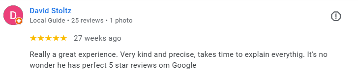 Screenshot of a Google review for David Stoltz, a Local Guide with 25 reviews and 1 photo, showing five stars and a positive review from 27 weeks ago. Médecin généraliste Français à Dubaï / GP / French GP / French Doctor / French family medicine