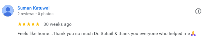 Screenshot of a Google review praising Dr. Suhail and the helpful staff. Médecin généraliste Français à Dubaï / GP / French GP / French Doctor / French family medicine