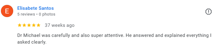 Screenshot of a positive review for Dr. Michael, praising his attentiveness and clear explanations, posted by Elisabete Santos. Médecin généraliste Français à Dubaï / GP / French GP / French Doctor / French family medicine