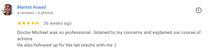 Screenshot of a review by Marina Asaad, 4 stars, praising Dr. Michael for professionalism and follow-up. Médecin généraliste Français à Dubaï / GP / French GP / French Doctor / French family medicine
