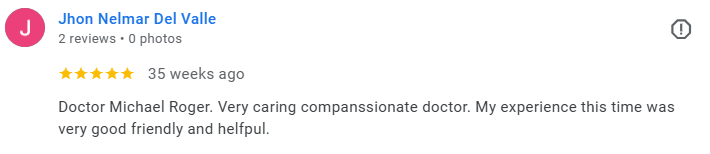 Screenshot of a five-star review by Jhon Nelmar Del Valle for Dr. Michael Roger, praising him as caring, friendly, and helpful. Médecin généraliste Français à Dubaï / GP / French GP / French Doctor / French family medicine