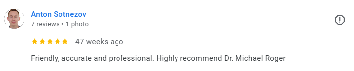 Screenshot of a Google review by Anton Sotnezov praising Dr. Michael Roger for being friendly, accurate, professional, and highly recommend. Médecin généraliste Français à Dubaï / GP / French GP / French Doctor / French family medicine