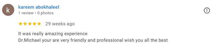 Screenshot of a review from Kareem Abokhalee, rating five stars, praising Dr. Michael for a friendly and professional experience. Médecin généraliste Français à Dubaï / GP / French GP / French Doctor / French family medicine