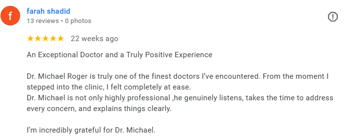 A screenshot of a Google review for Dr. Michael Roger, expressing high satisfaction with his professionalism and care. Médecin généraliste Français à Dubaï / GP / French GP / French Doctor / French family medicine