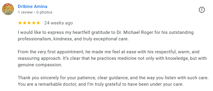 Screenshot of a Google review for Dr. Michael Roger. Médecin généraliste Français à Dubaï / GP / French GP / French Doctor / French family medicine