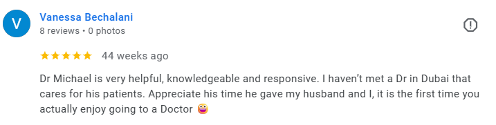 Screenshot of a Google review for Dr. Michael by Vanessa Bechalani, praising his helpfulness, knowledge, and responsiveness. Médecin généraliste Français à Dubaï / GP / French GP / French Doctor / French family medicine