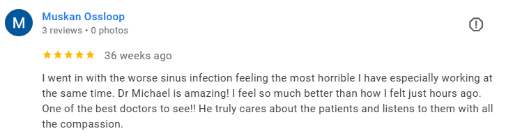 Screenshot of a Google review for Muskan Ossloop praising Dr. Michael for sinus infection treatment. Médecin généraliste Français à Dubaï / GP / French GP / French Doctor / French family medicine