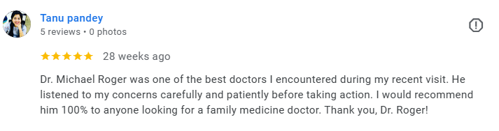 A screenshot of a Google review from Tanu Pandey, praising Dr. Michael Roger for his attentive and caring medical care. Médecin généraliste Français à Dubaï / GP / French GP / French Doctor / French family medicine