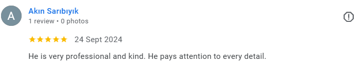 Screenshot of a Google review for Akin Saribıyık, highlighting his professionalism, kindness, and attention to detail. Médecin généraliste Français à Dubaï / GP / French GP / French Doctor / French family medicine