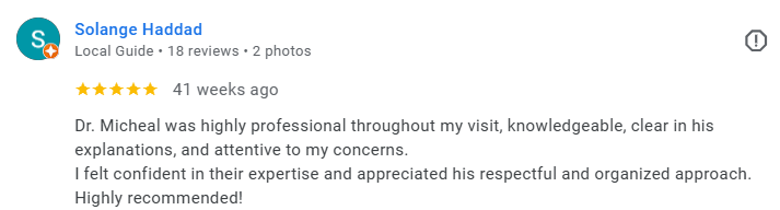 Screenshot of a Google review for Dr. Micheal by Solange Haddad, praising his professionalism and expertise. Médecin généraliste Français à Dubaï / GP / French GP / French Doctor / French family medicine