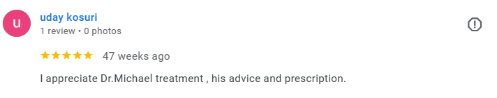 Screenshot of a Google review by Uday Kosuri, rating five stars, praising Dr. Michael's treatment, advice, and prescription, posted 47 weeks ago. Médecin généraliste Français à Dubaï / GP / French GP / French Doctor / French family medicine