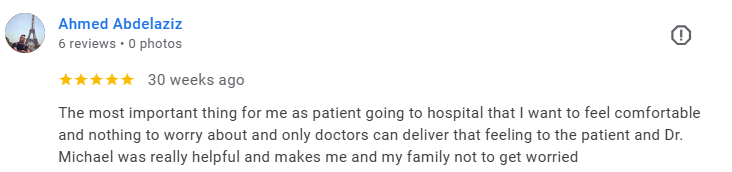 Screenshot of a Google review by Ahmed Abdelaziz praising Dr. Michael for his helpfulness and professionalism. Médecin généraliste Français à Dubaï / GP / French GP / French Doctor / French family medicine