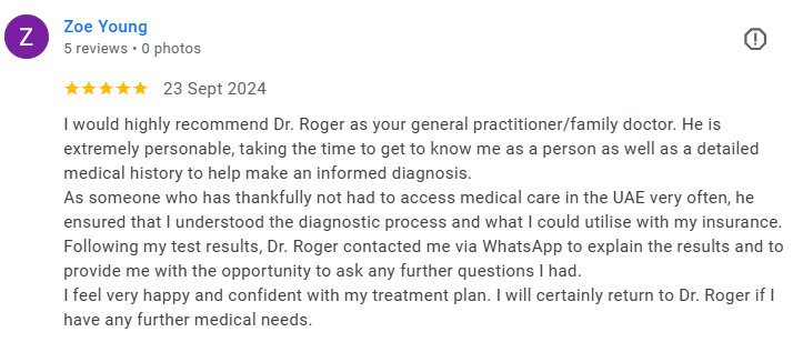 5-star review from Zoe Young praising Dr. Roger as a personable and thorough family doctor, highlighting positive medical care experience in the UAE. Médecin généraliste Français à Dubaï / GP / French GP / French Doctor / French family medicine