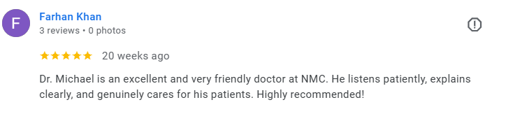 Screenshot of a Google review for Dr. Michael, expressing high praise for his friendly and caring medical care. Médecin généraliste Français à Dubaï / GP / French GP / French Doctor / French family medicine
