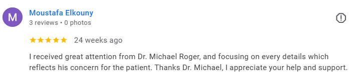 Screenshot of a Google review by Moustafa Elkouny, praising Dr. Michael Roger for attentive care, posted 24 weeks ago, with a 5-star rating. Médecin généraliste Français à Dubaï / GP / French GP / French Doctor / French family medicine