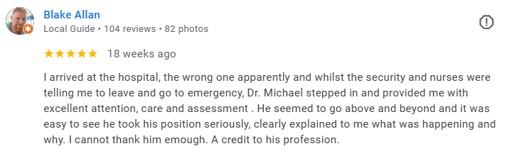 Screenshot of a Google review by Blake Allan, describing a positive hospital experience and commendation for Dr. Michael. Médecin généraliste Français à Dubaï / GP / French GP / French Doctor / French family medicine