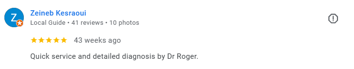 Screenshot of a Google review profile for Zeineb Kesraoui, a Local Guide with 41 reviews and 10 photos, showing a 4-star review given 43 weeks ago for quick service and detailed diagnosis by Dr.  Roger. Médecin généraliste Français à Dubaï / GP / Fre