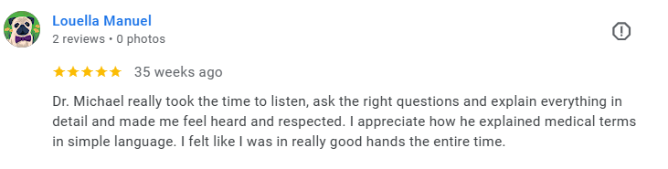Screenshot of a customer review for a doctor named Dr. Michael expressing appreciation for thorough and respectful care. Médecin généraliste Français à Dubaï / GP / French GP / French Doctor / French family medicine