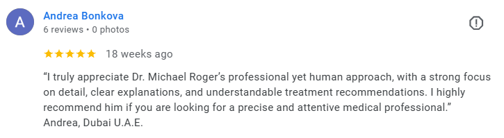 Screenshot of a Google review for Dr. Michael Roger by Andrea Bonkova, praising his professional, attentive, and clear approach. Médecin généraliste Français à Dubaï / GP / French GP / French Doctor / French family medicine