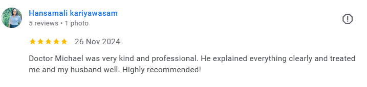 Screenshot of a Google review for Dr. Michael, giving five stars and recommending his professional and kind care. Médecin généraliste Français à Dubaï / GP / French GP / French Doctor / French family medicine