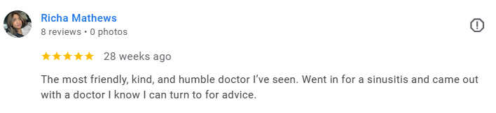 Screenshot of a Google review for a doctor written by Richa Mathews, praising the doctor for being friendly, kind, humble, and helpful during a sinusitis visit. Médecin généraliste Français à Dubaï / GP / French GP / French Doctor / French family med