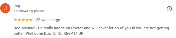Screenshot of a Google review for a doctor named Doc Michael with 4 reviews, 0 photos, and a 5-star rating, posted 28 weeks ago, praising the doctor for being hands-on and effective. Médecin généraliste Français à Dubaï / GP / French GP / French Doct