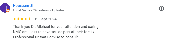 Screenshot of a Google review for Dr. Michael from Housaam Sh, dated September 19, 2024, expressing gratitude for his attention and care. Médecin généraliste Français à Dubaï / GP / French GP / French Doctor / French family medicine