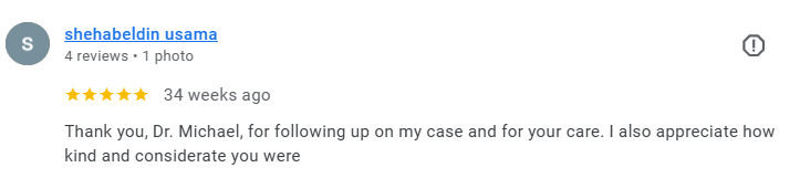 Screenshot of a 5-star online review for Dr. Michael, praising his follow-up and care. Médecin généraliste Français à Dubaï / GP / French GP / French Doctor / French family medicine