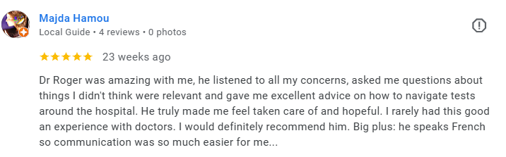 Screenshot of a Google review for Dr. Roger, written by Majda Hamou, praising his listening skills, advice, and communication. Médecin généraliste Français à Dubaï / GP / French GP / French Doctor / French family medicine