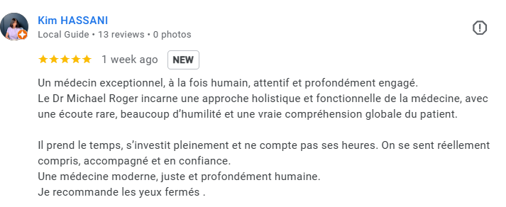 Screenshot of a Google review for Dr. Michael Roger, praising his holistic, compassionate, and attentive medical approach.