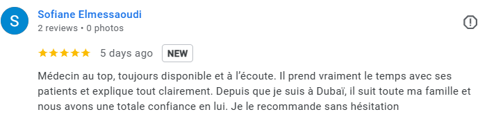 Screenshot of a Google review by Sofiane Elmessaoudi praising a doctor for being available, attentive, and trusted. Médecin généraliste Français à Dubaï / GP / French GP / French Doctor / French family medicine