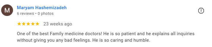 Screenshot of a Google review by Maryam Hashemizadeh, praising her family medicine doctor for being patient, caring, and humble, left 23 weeks ago. Médecin généraliste Français à Dubaï / GP / French GP / French Doctor / French family medicine