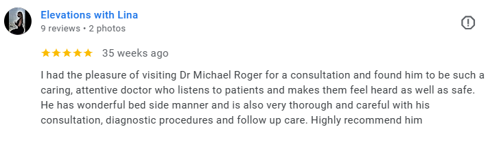 Screenshot of a Google review for Elevations with Lina, praising Dr. Michael Roger for his caring and attentive medical care. Médecin généraliste Français à Dubaï / GP / French GP / French Doctor / French family medicine