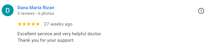 Google review card with the name Dana Maria Rizan, three reviews, six photos, five-star rating, 27 weeks ago, comment about excellent service and helpful doctor, and a thank you note. Médecin généraliste Français à Dubaï / GP / French GP / French Doc
