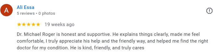 Screenshot of a Google review by Ali Essa for Dr. Michael Roger, praising his honesty, supportiveness, clear explanations, and friendly care. Médecin généraliste Français à Dubaï / GP / French GP / French Doctor / French family medicine