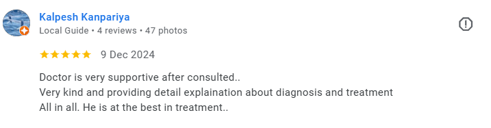 Screenshot of a Google review for Kalpesh Kanpariya, a local guide, with five stars, dated December 9, 2024, praising the doctor for being supportive, kind, and providing detailed explanations about diagnosis and treatment. Médecin généraliste França