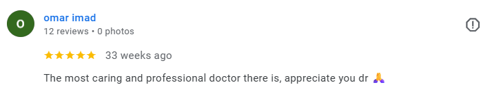 Screenshot of a Google review from Omar Imad praising a doctor for being caring and professional. Médecin généraliste Français à Dubaï / GP / French GP / French Doctor / French family medicine