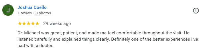 Screenshot of a positive review for Dr. Michael by Joshua Coello, praising his patience and clear communication. Médecin généraliste Français à Dubaï / GP / French GP / French Doctor / French family medicine