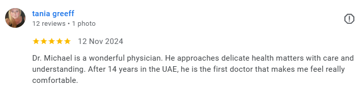 Screenshot of a 5-star review by Tania Greeff praising Dr. Michael as a caring and experienced physician in the UAE. Médecin généraliste Français à Dubaï / GP / French GP / French Doctor / French family medicine