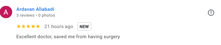 Screenshot of a Google review by Ardavan Aliabadi praising a doctor for saving him from surgery.
