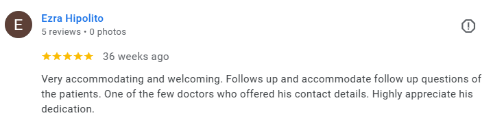 Screenshot of a customer review for Ezra Hipolito, 5 stars, posted 36 weeks ago, describing his helpfulness and dedication. Médecin généraliste Français à Dubaï / GP / French GP / French Doctor / French family medicine